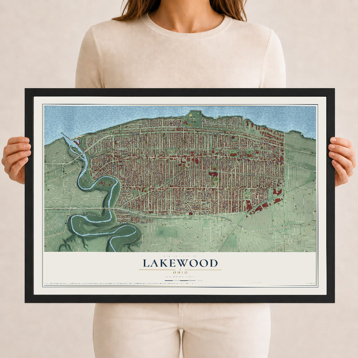 Map of Lakewood, Ohio, 12 x 18 inch print in a black wood frame