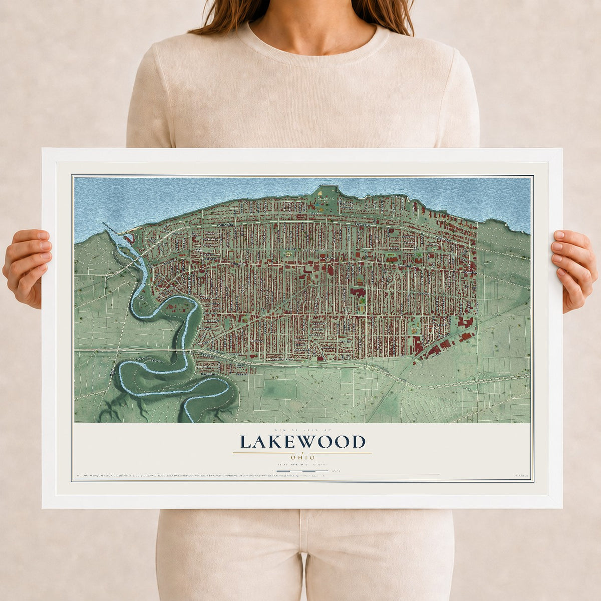 Map of Lakewood, Ohio, 12 x 18 inch print in a white wood frame