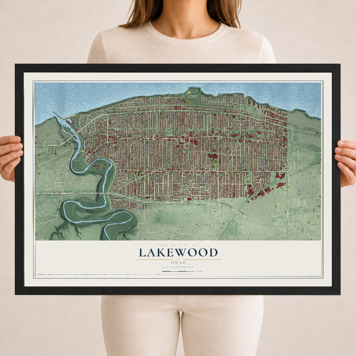 Map of Lakewood, Ohio, 18 x 24 inch print in a black wood frame