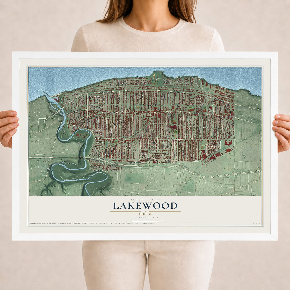 Map of Lakewood, Ohio, 18 x 24 inch print in a white wood frame