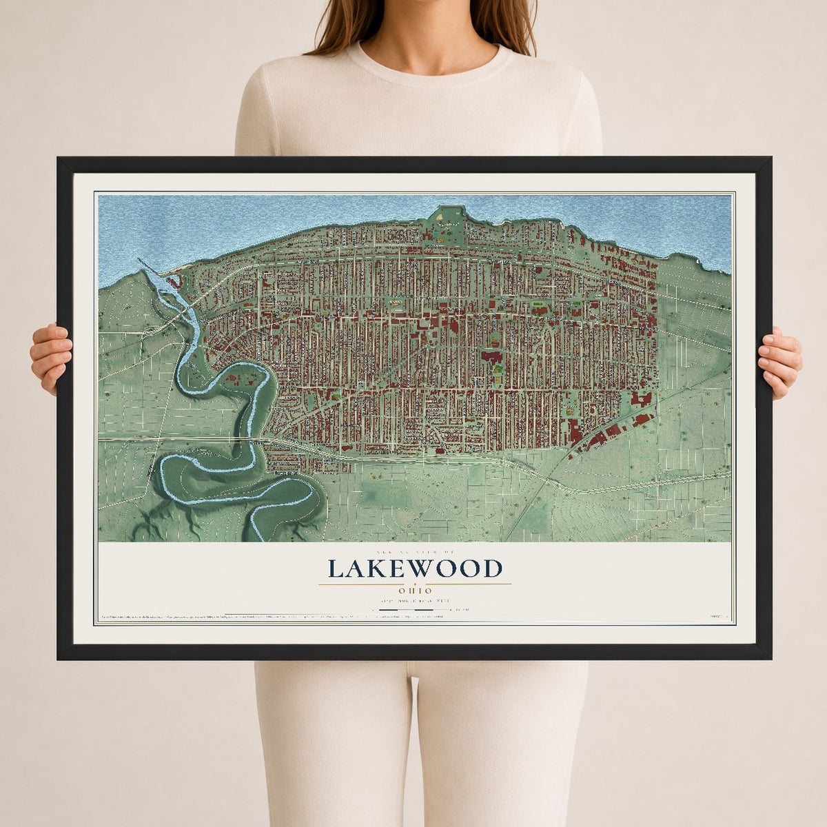 Map of Lakewood, Ohio, 24 x 36 inch print in a black wood frame
