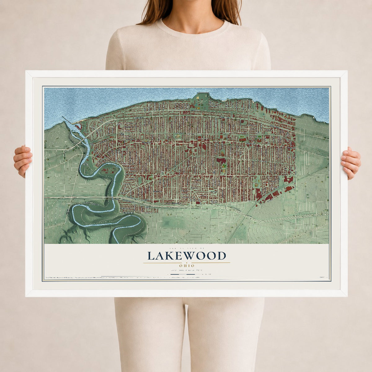 Map of Lakewood, Ohio, 24 x 36 inch print in a white wood frame