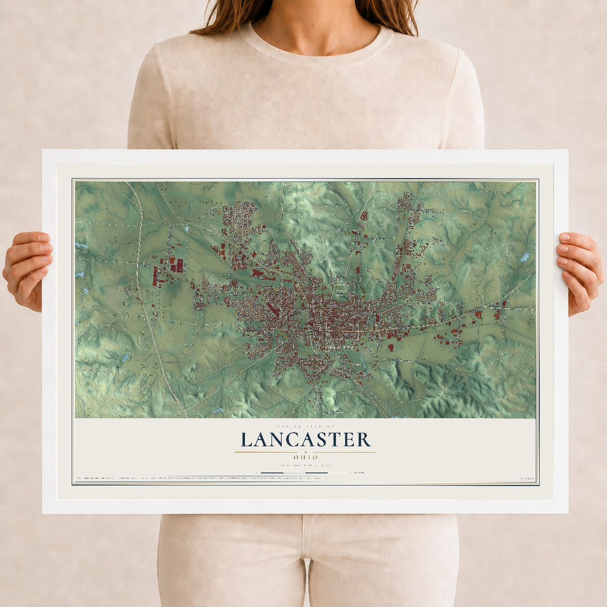 Map of Lancaster, Ohio, 12 x 18 inch print in a white wood frame