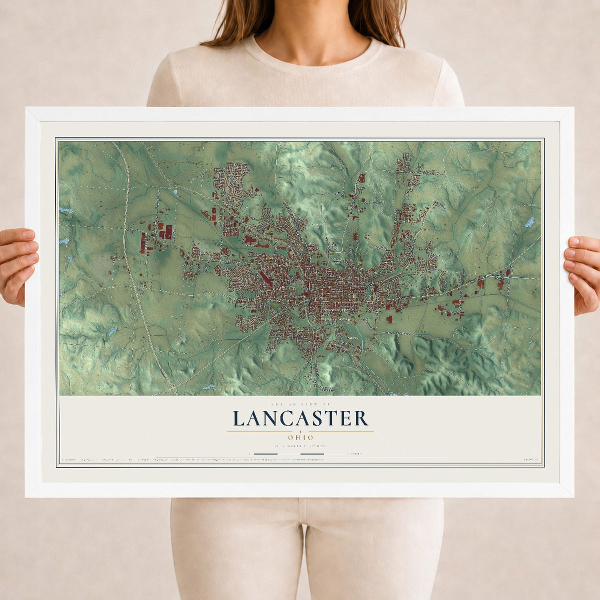 Map of Lancaster, Ohio, 18 x 24 inch print in a white wood frame