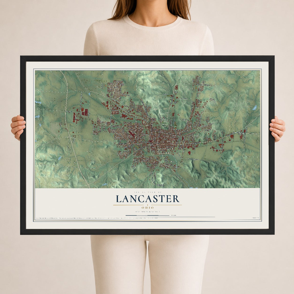 Map of Lancaster, Ohio, 24 x 36 inch print in a black wood frame