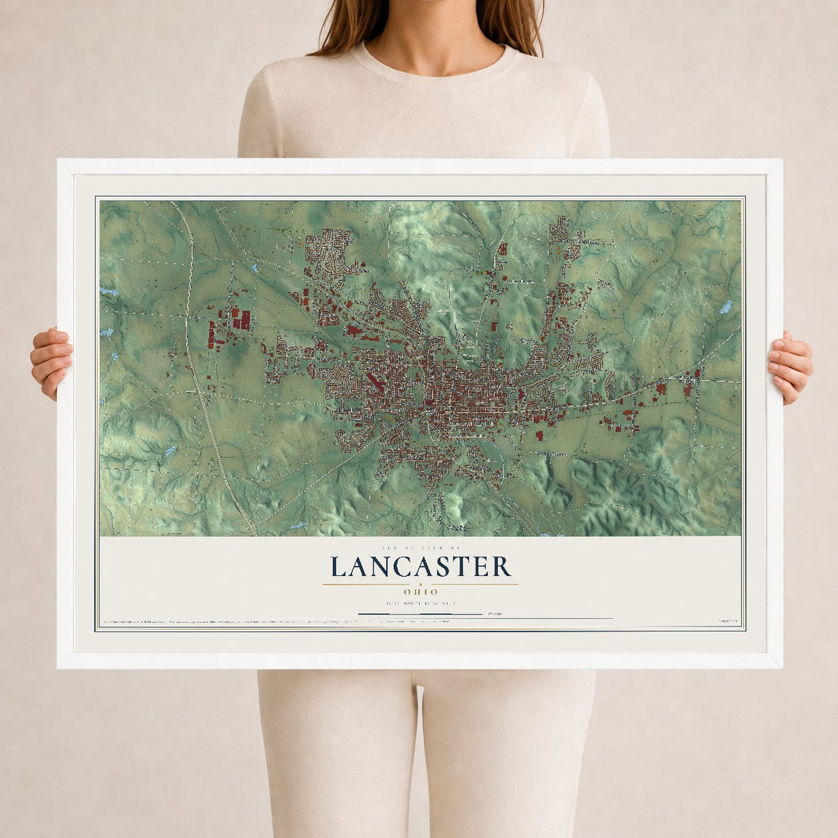 Map of Lancaster, Ohio, 24 x 36 inch print in a white wood frame