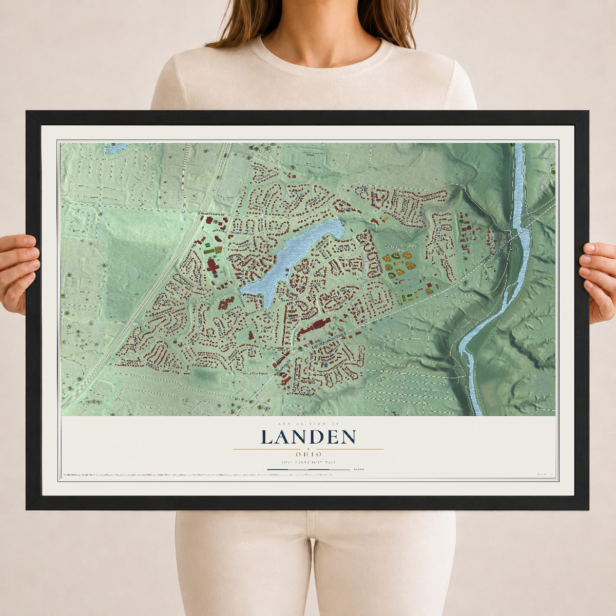 Map of Landen, Ohio, 18 x 24 inch print in a black wood frame