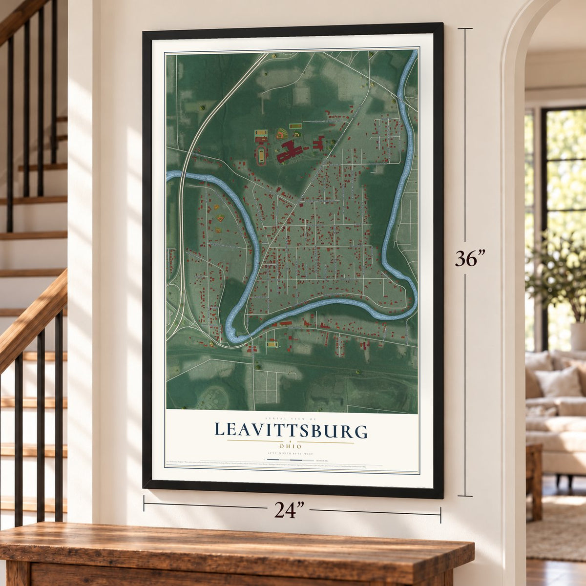 Leavittsburg, Ohio map, 24 x 36 inch print in a black frame by a staircase