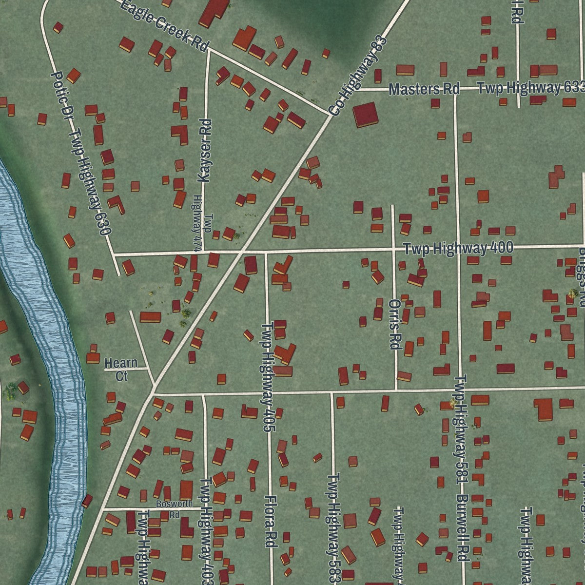 Close-up of the map of Leavittsburg, Ohio print showing street and building detail