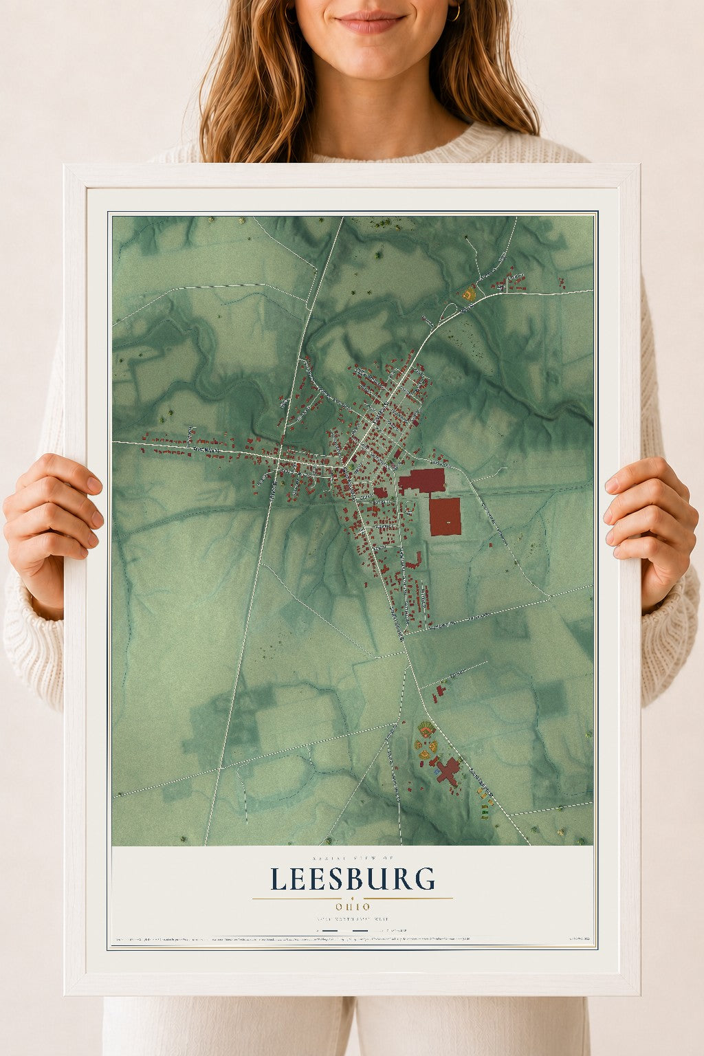 Map of Leesburg, Ohio, 18 x 24 inch print in a white wood frame