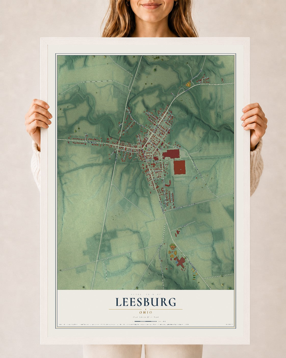 Map of Leesburg, Ohio, 24 x 36 inch print in a white wood frame