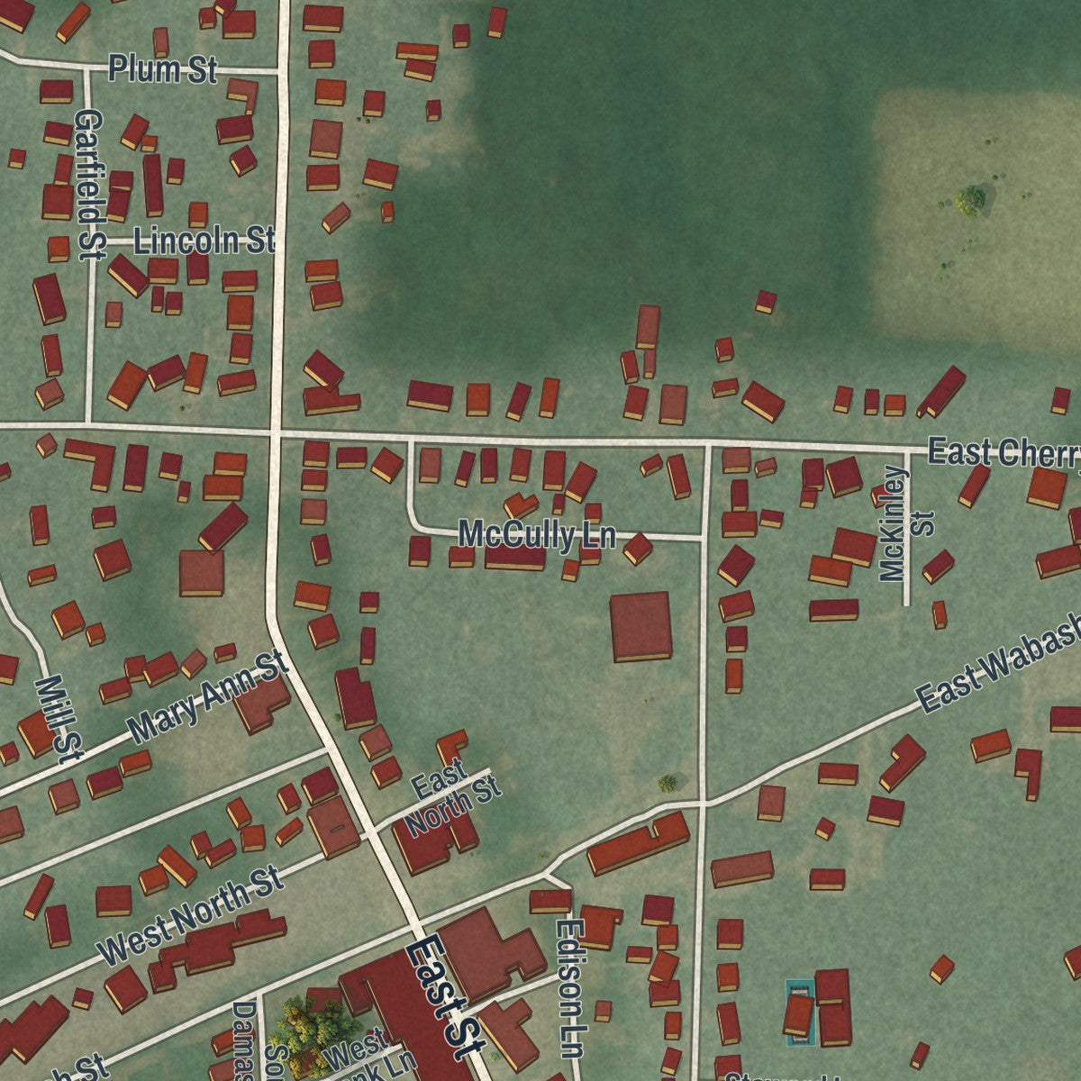 Close-up of the map of Liberty Center, Ohio print showing street and building detail