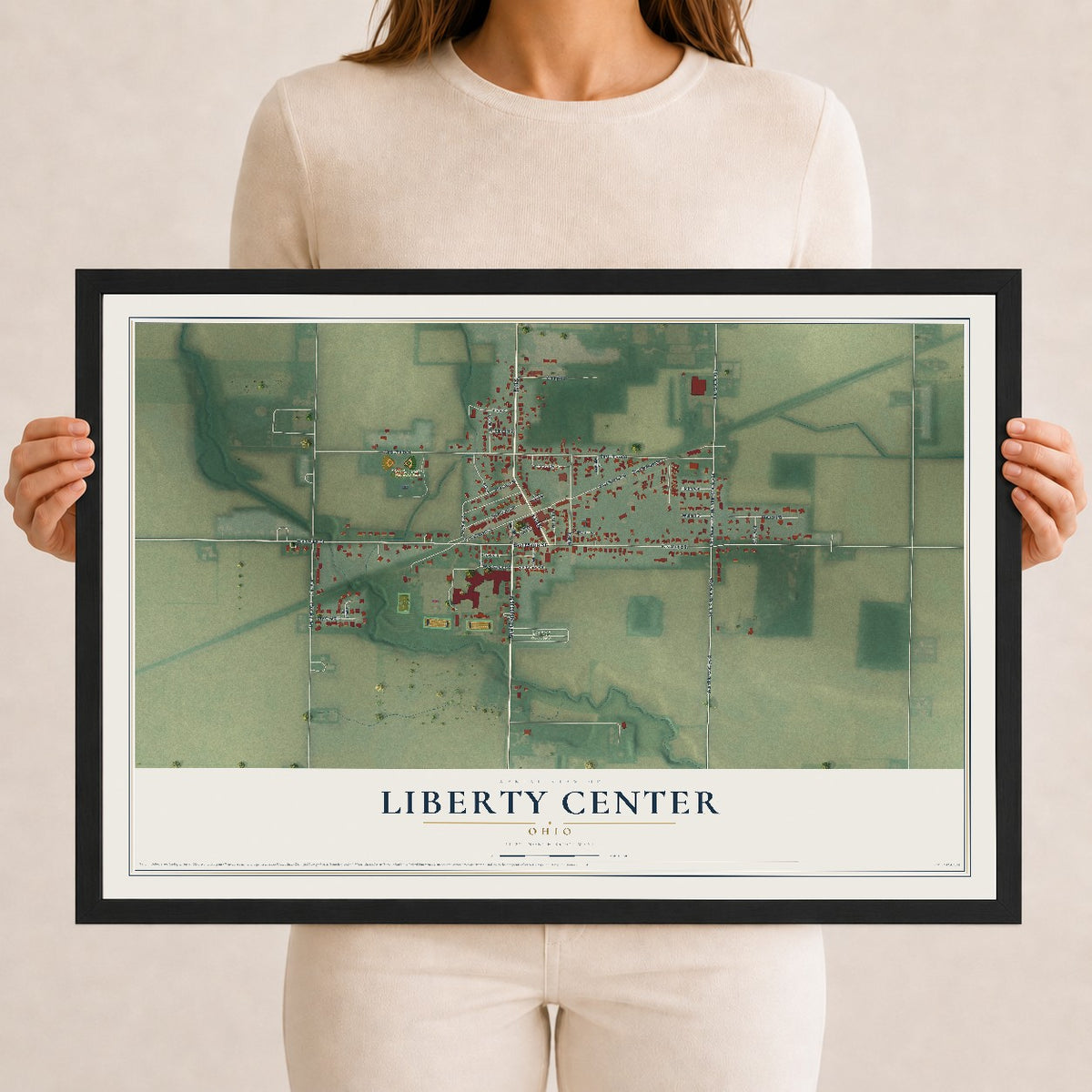 Map of Liberty Center, Ohio, 12 x 18 inch print in a black wood frame