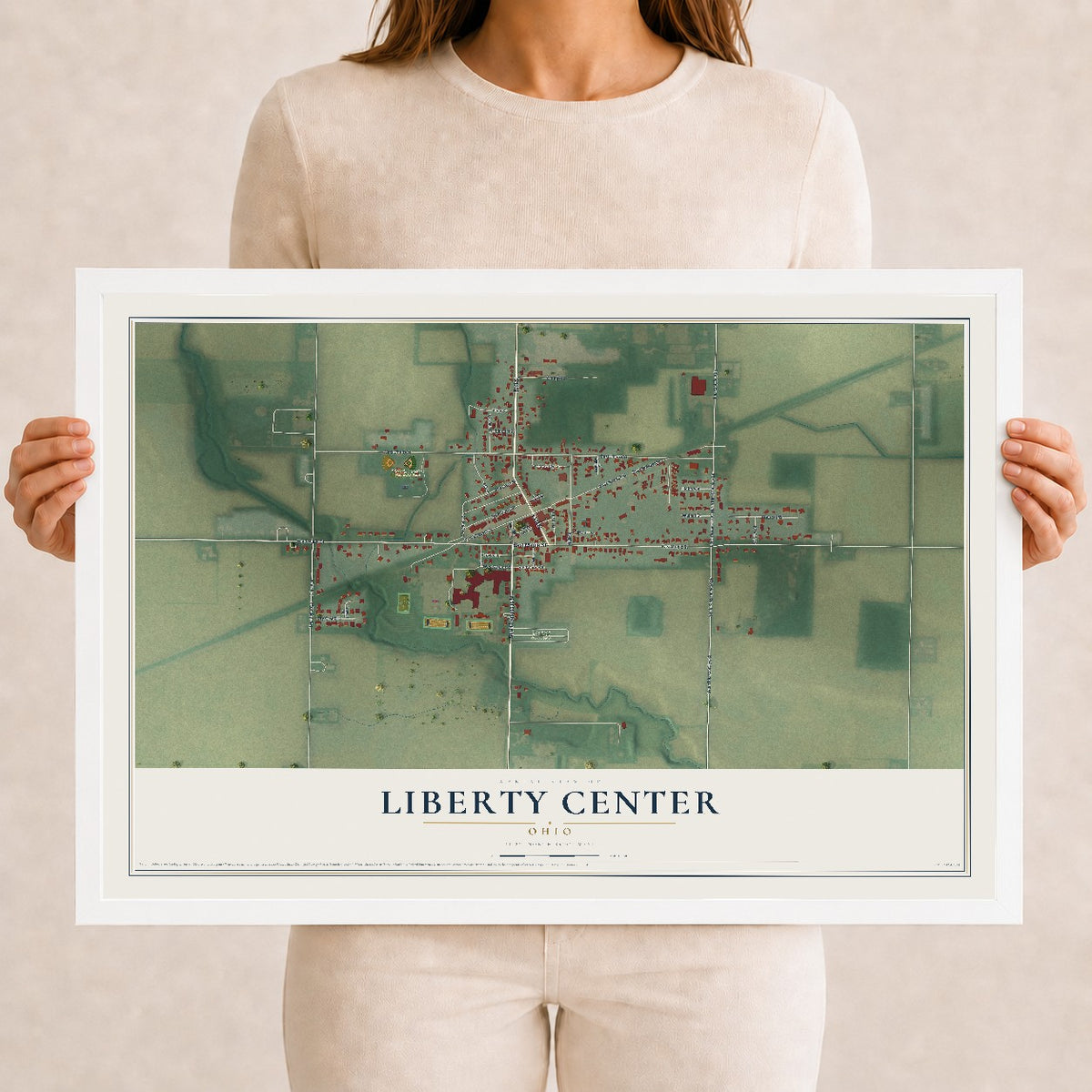 Map of Liberty Center, Ohio, 12 x 18 inch print in a white wood frame