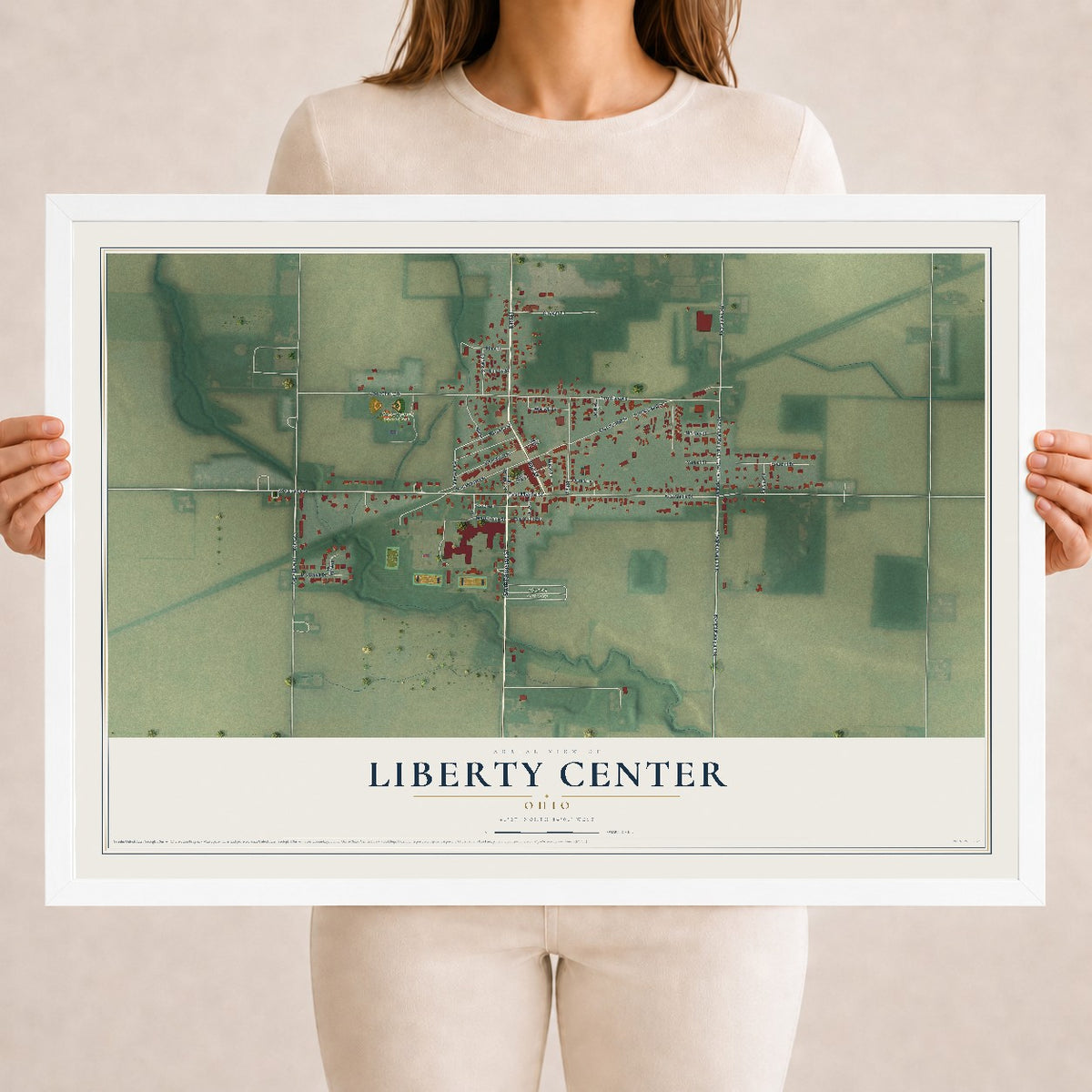 Map of Liberty Center, Ohio, 18 x 24 inch print in a white wood frame