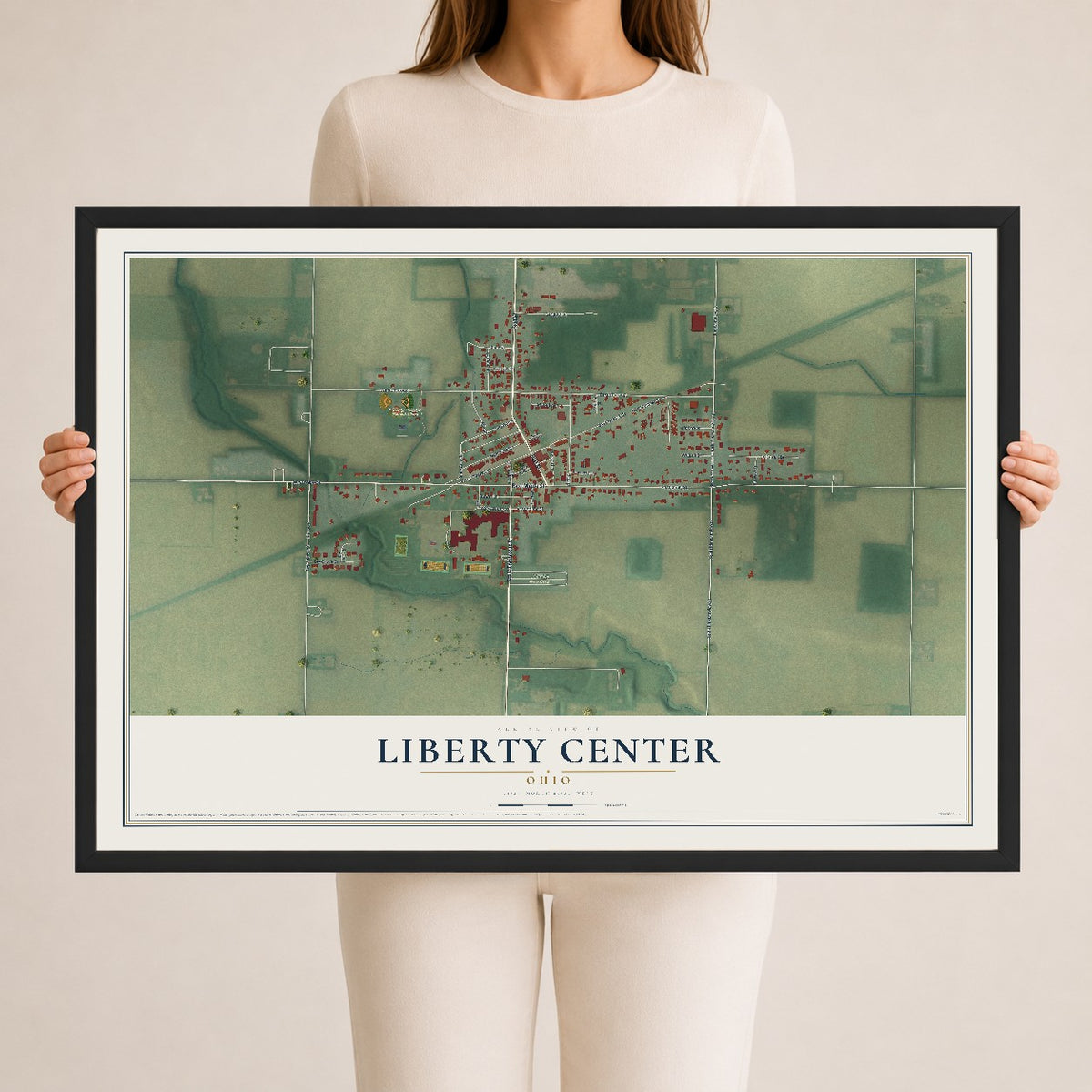 Map of Liberty Center, Ohio, 24 x 36 inch print in a black wood frame