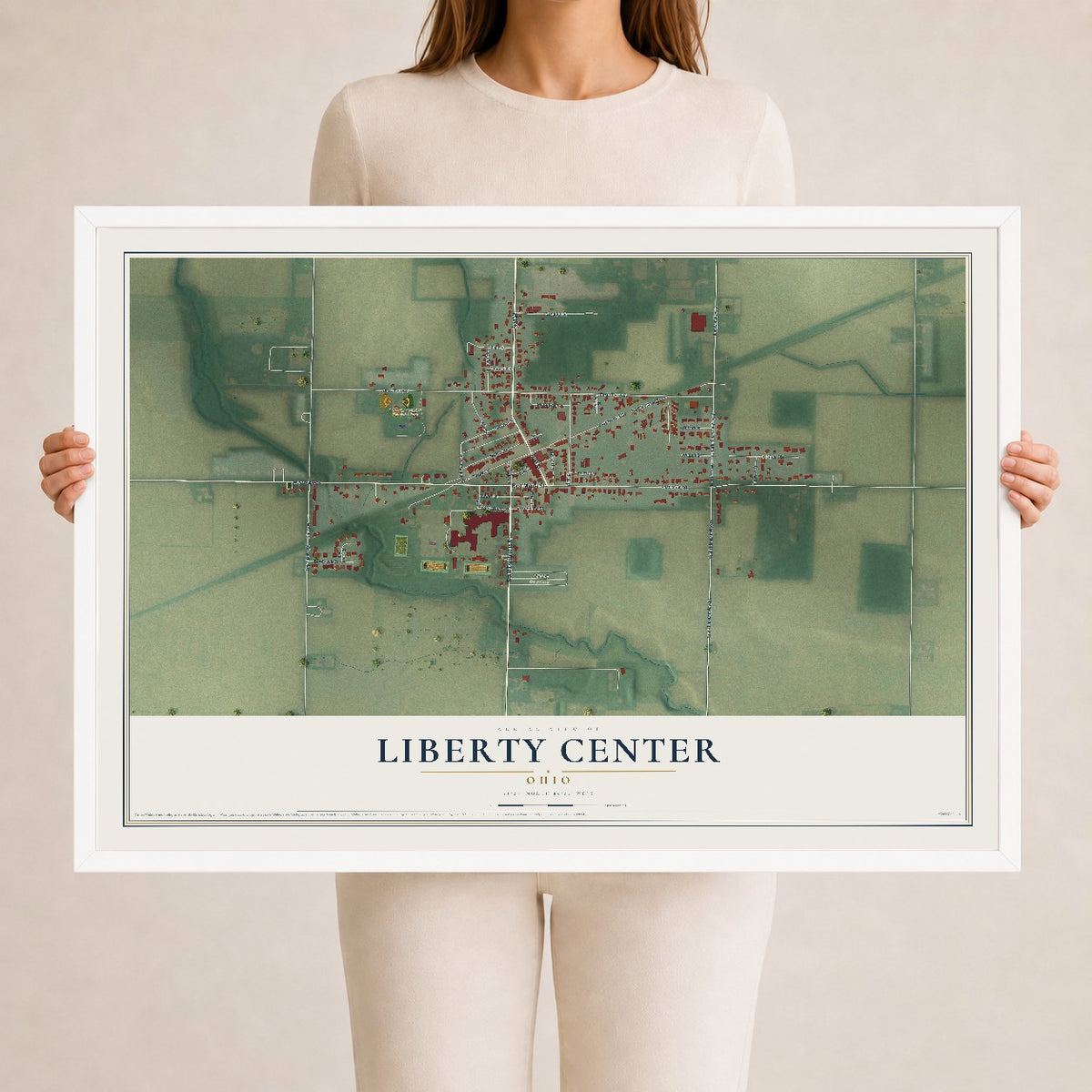 Map of Liberty Center, Ohio, 24 x 36 inch print in a white wood frame