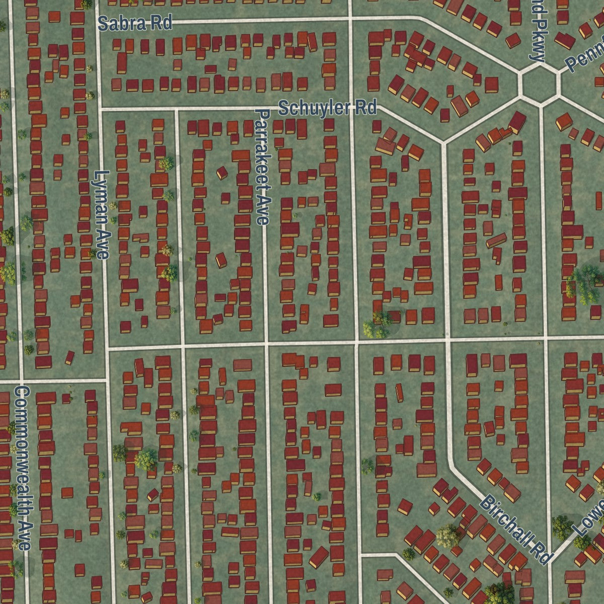 Close-up of the map of Library Village, Ohio print showing street and building detail