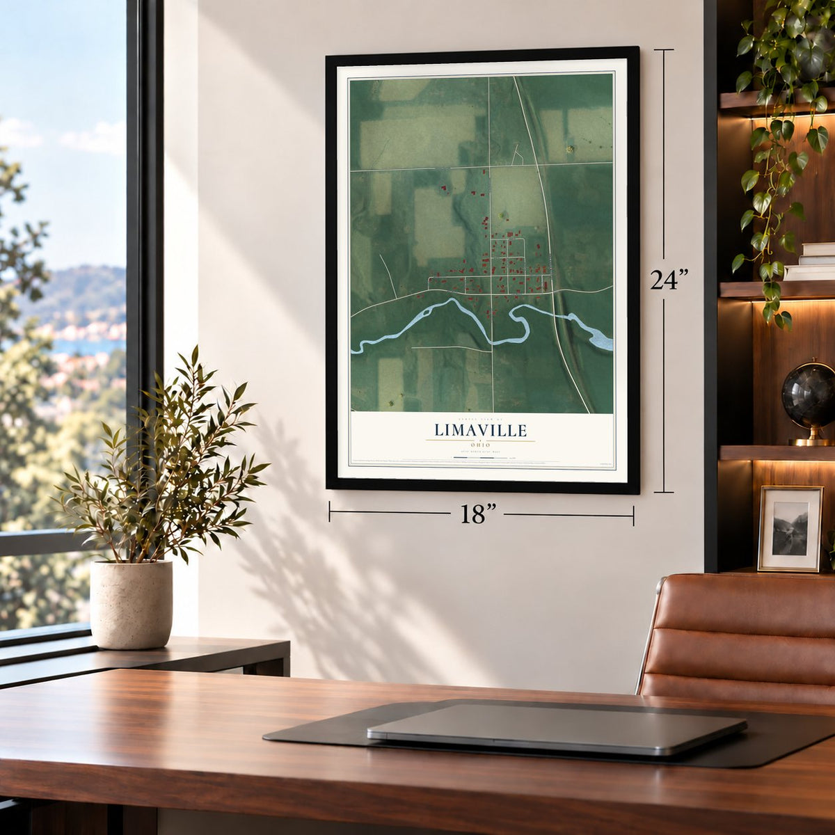Limaville, Ohio map, 18 x 24 inch print in a black frame in a home office