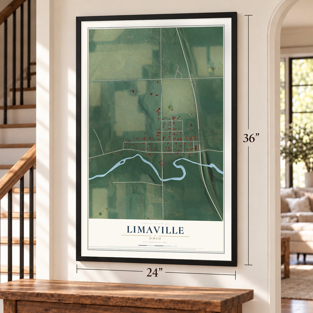 Limaville, Ohio map, 24 x 36 inch print in a black frame by a staircase