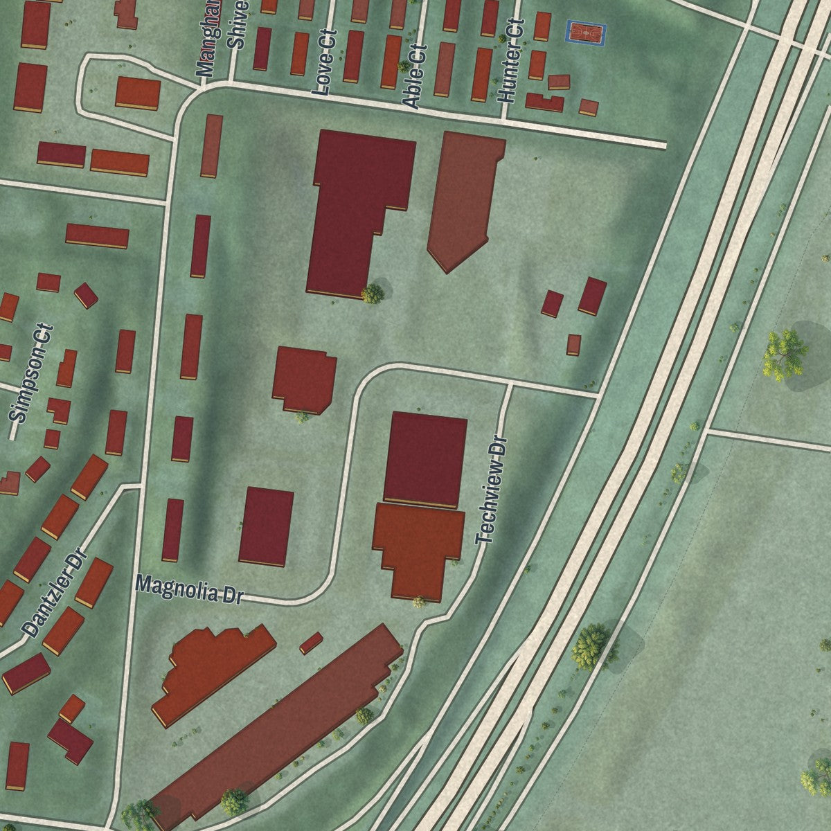 Second close-up of the map of Lincoln Heights, Ohio print showing more streets and buildings