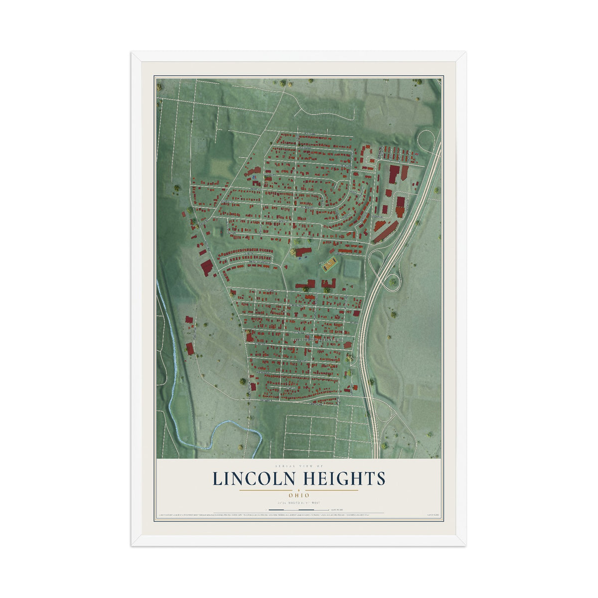 Map of Lincoln Heights, Ohio, 12 x 18 inch print in a white wood frame