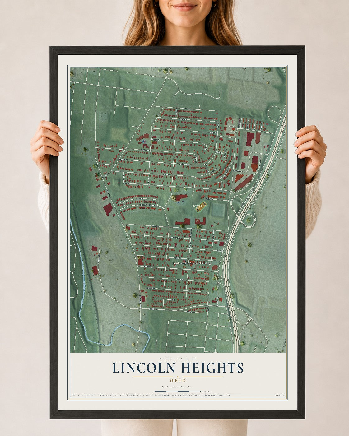 Map of Lincoln Heights, Ohio, 24 x 36 inch print in a black wood frame