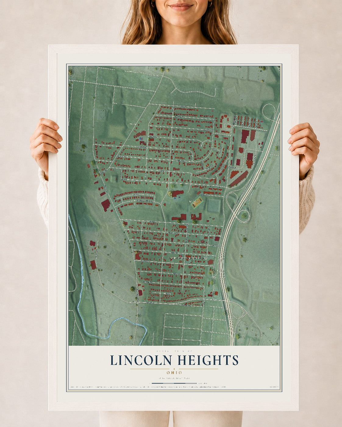 Map of Lincoln Heights, Ohio, 24 x 36 inch print in a white wood frame