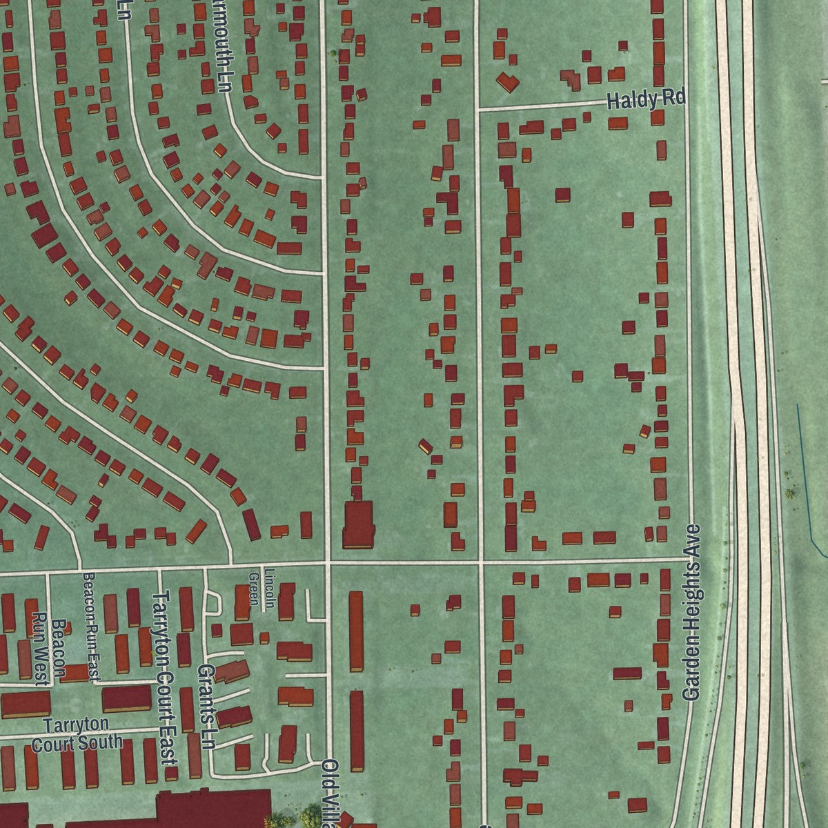 Second close-up of the map of Lincoln Village, Ohio print showing more streets and buildings