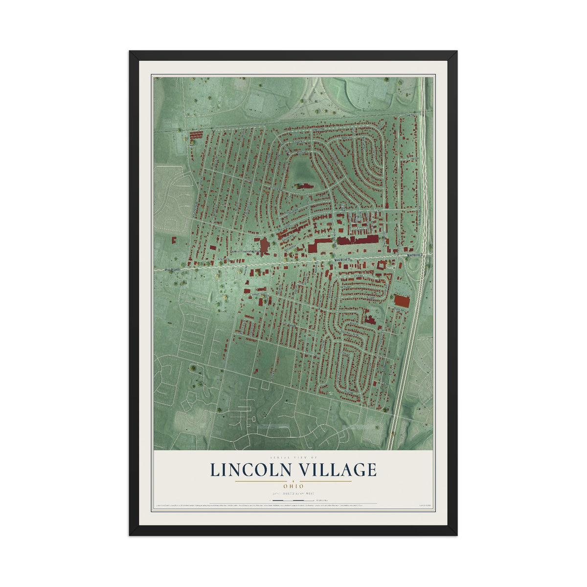 Map of Lincoln Village, Ohio, 12 x 18 inch print in a black wood frame