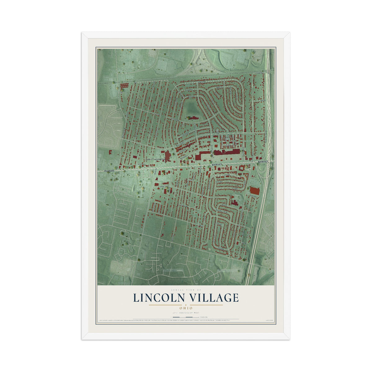 Map of Lincoln Village, Ohio, 12 x 18 inch print in a white wood frame