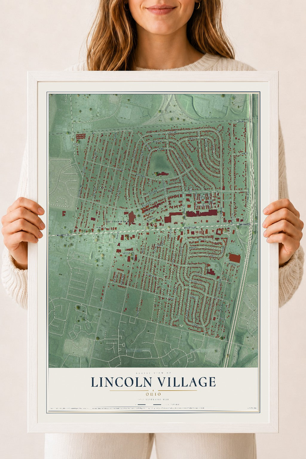 Map of Lincoln Village, Ohio, 18 x 24 inch print in a white wood frame