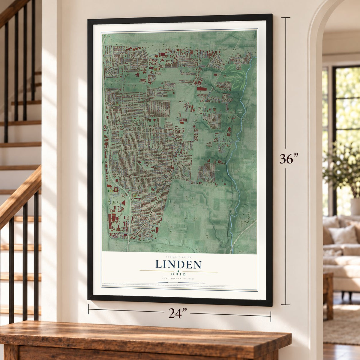 Linden, Ohio map, 24 x 36 inch print in a black frame by a staircase