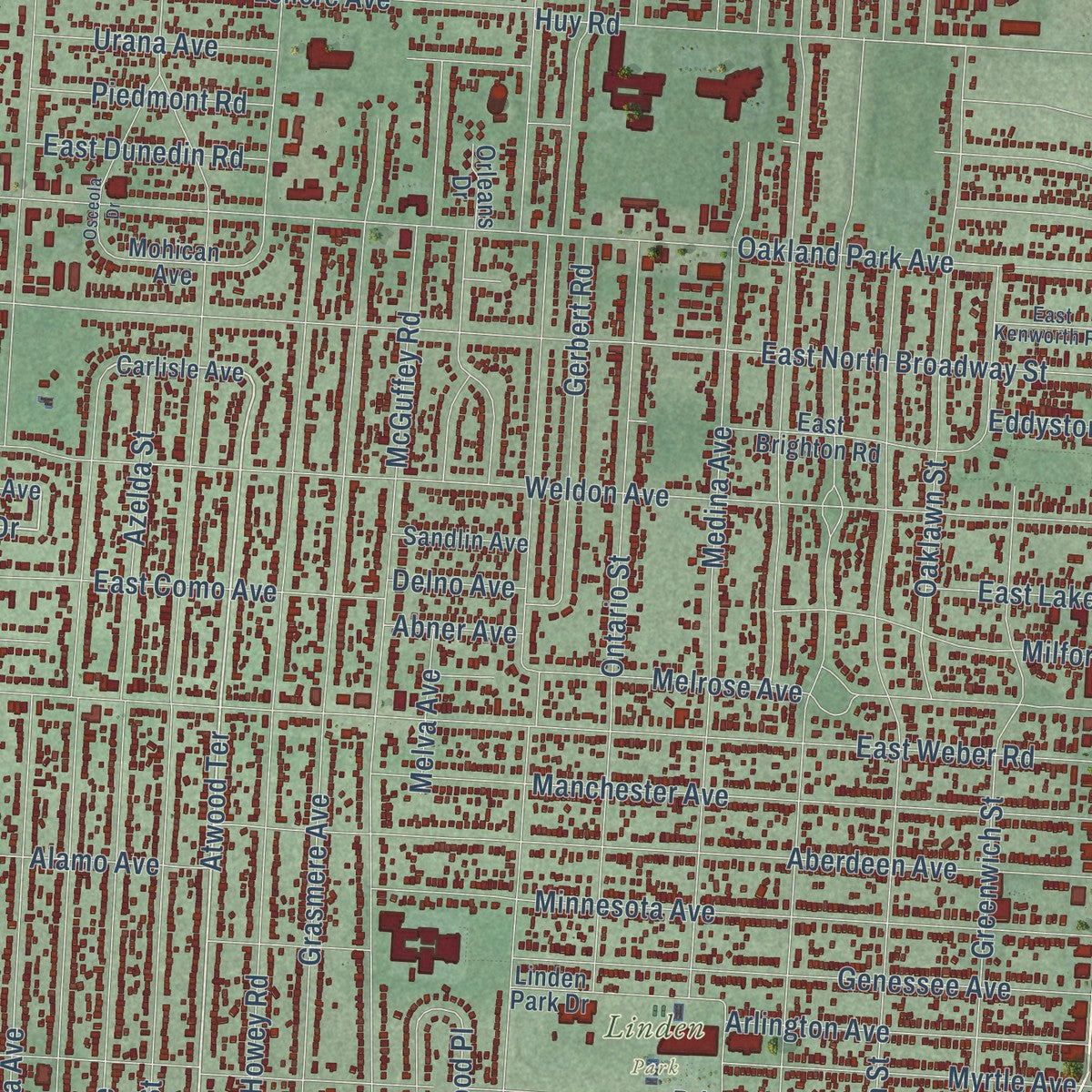 Close-up of the map of Linden, Ohio print showing street and building detail