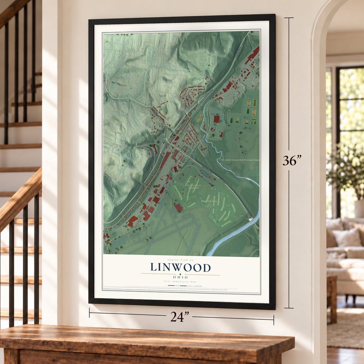 Linwood, Ohio map, 24 x 36 inch print in a black frame by a staircase