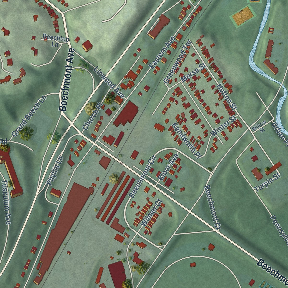 Close-up of the map of Linwood, Ohio print showing street and building detail