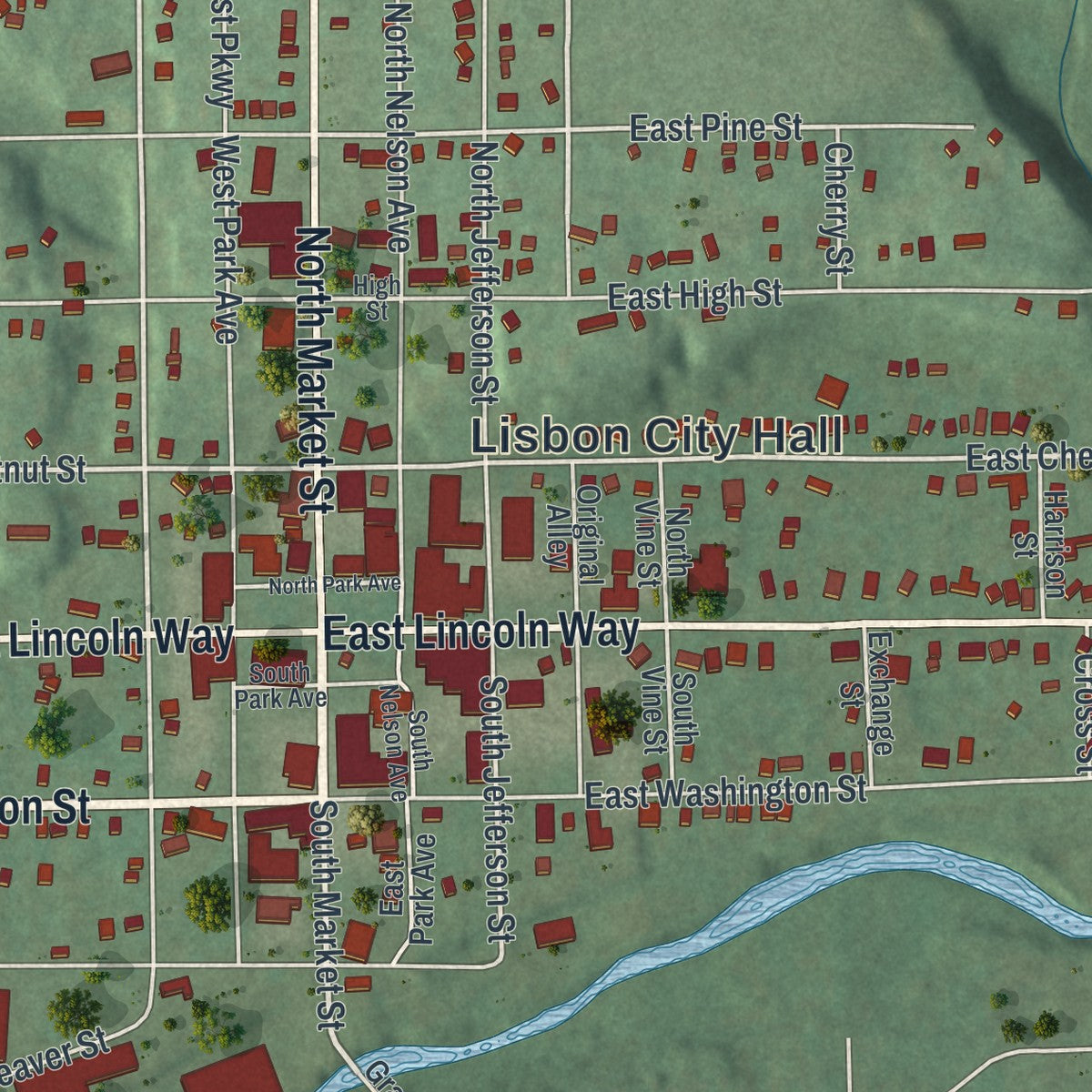 Close-up of the map of Lisbon, Ohio print showing street and building detail