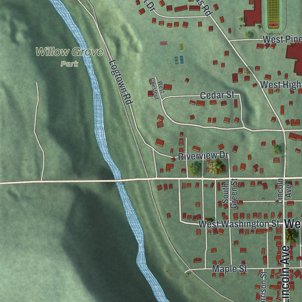 Second close-up of the map of Lisbon, Ohio print showing more streets and buildings
