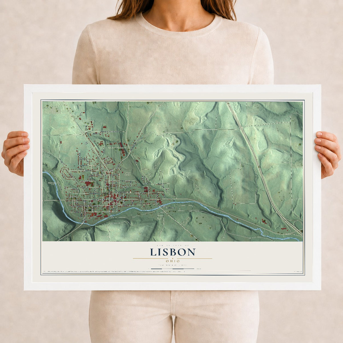 Map of Lisbon, Ohio, 12 x 18 inch print in a white wood frame