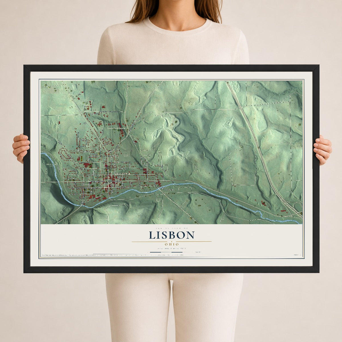 Map of Lisbon, Ohio, 24 x 36 inch print in a black wood frame