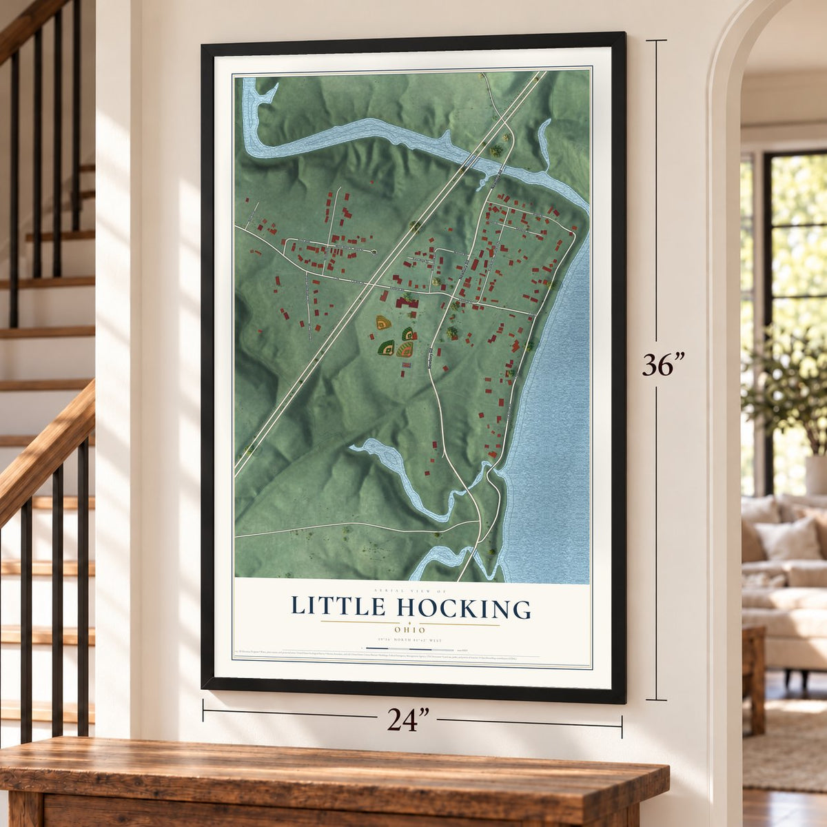 Little Hocking, Ohio map, 24 x 36 inch print in a black frame by a staircase