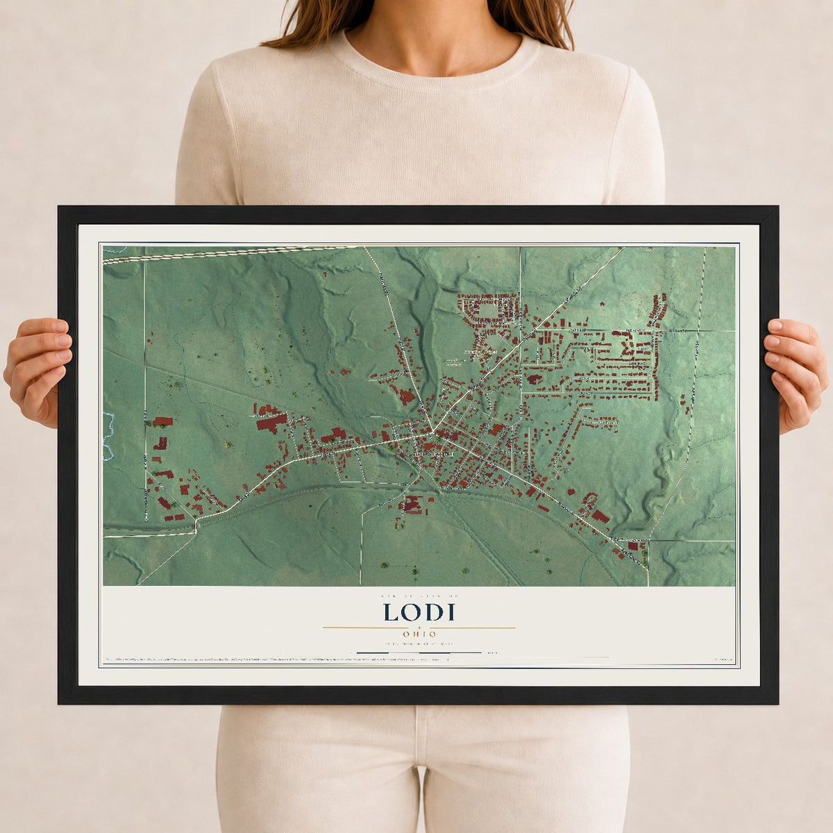 Map of Lodi, Ohio, 12 x 18 inch print in a black wood frame