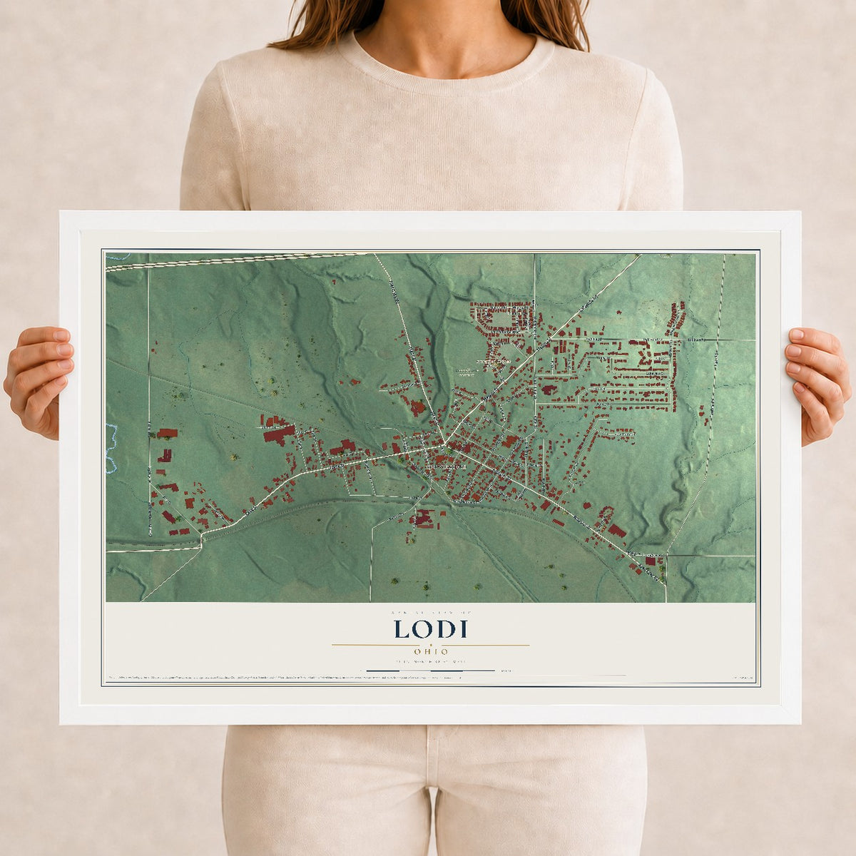 Map of Lodi, Ohio, 12 x 18 inch print in a white wood frame