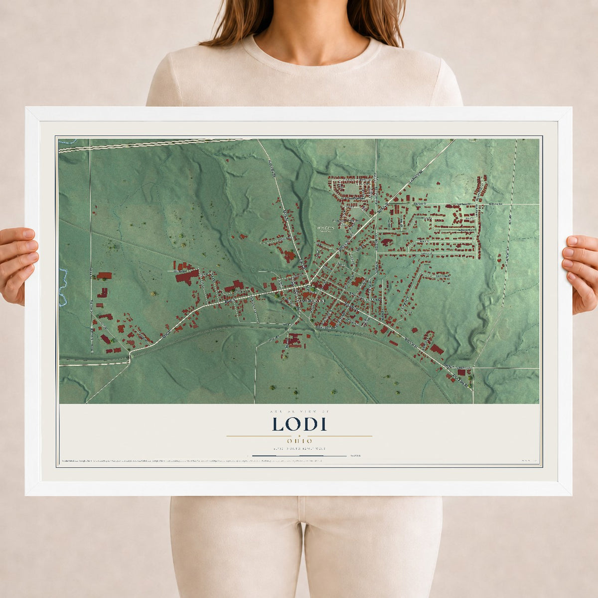 Map of Lodi, Ohio, 18 x 24 inch print in a white wood frame