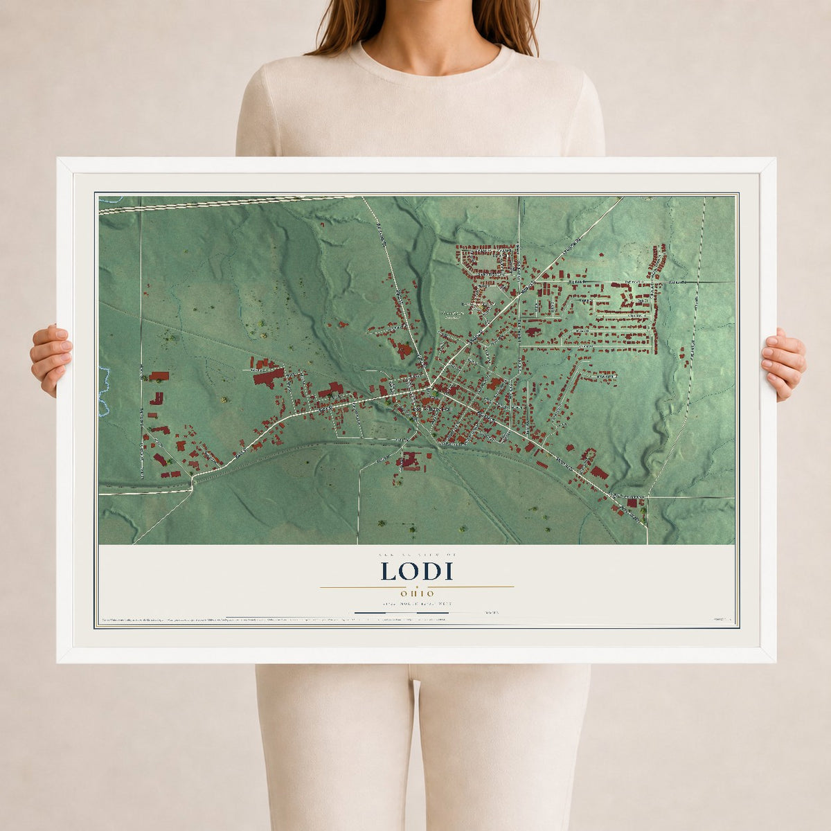Map of Lodi, Ohio, 24 x 36 inch print in a white wood frame