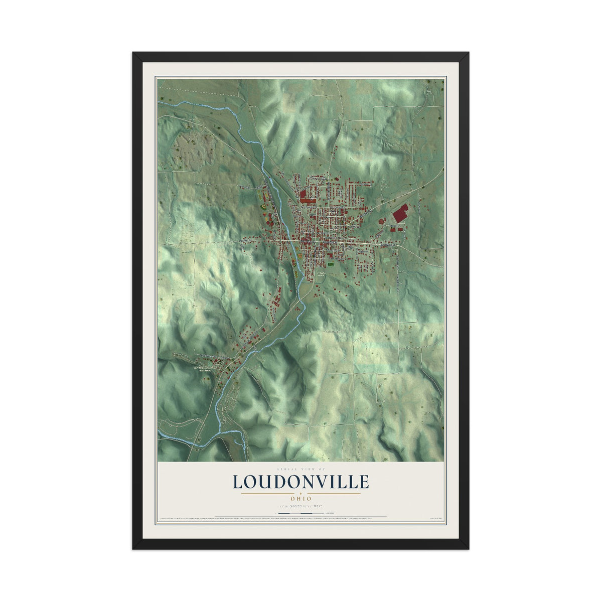 Map of Loudonville, Ohio, 12 x 18 inch print in a black wood frame