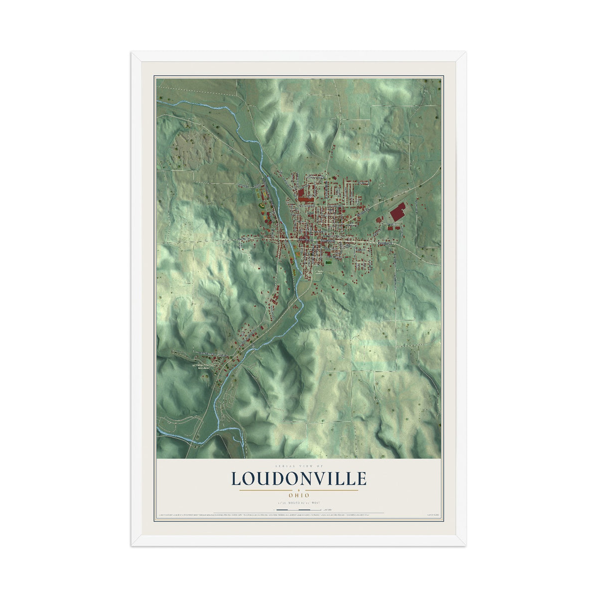 Map of Loudonville, Ohio, 12 x 18 inch print in a white wood frame