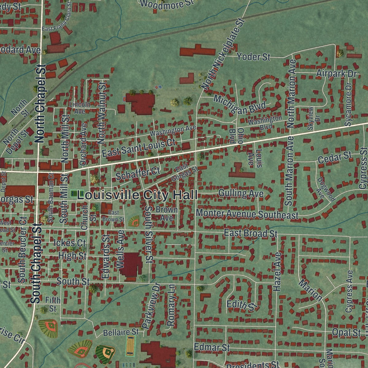 Close-up of the map of Louisville, Ohio print showing street and building detail