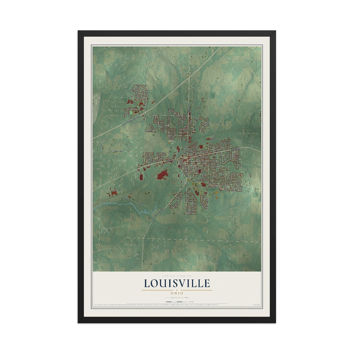 Map of Louisville, Ohio, 12 x 18 inch print in a black wood frame