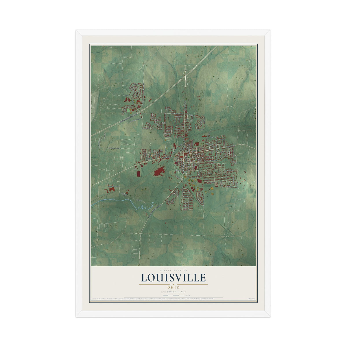 Map of Louisville, Ohio, 12 x 18 inch print in a white wood frame